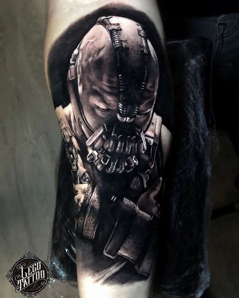 Bane Batman Tattoo Design, Bane Batman Tattoo, Bane Tattoo Dark Knight, Gotham Tattoo, Tom Hardy Portrait, Front Forearm Tattoo, Movie Tattoos Ideas, Film Tattoo Ideas, Bane Tattoo