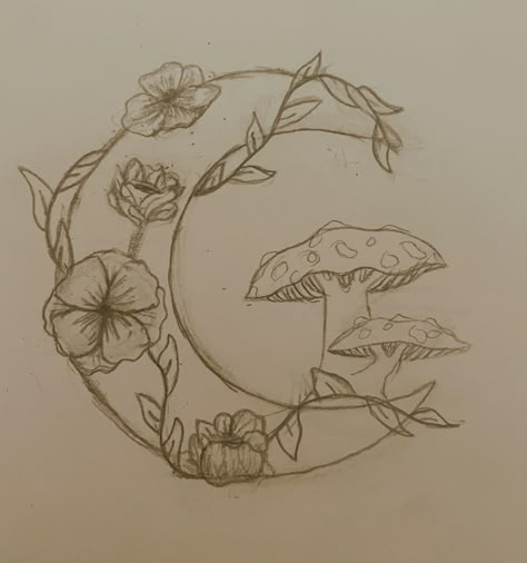 #sketch #mushroom #moon #drawing #flowermoon Mushroom Drawings Aesthetic, Drawing Ideas With Mushrooms, Sketches Of Mushrooms, Mushroom Art Sketch, Sketch Mushroom, Mushroom Design Drawing, Sketches When Bored, Sketching Ideas Mushrooms, Boho Sketches Simple