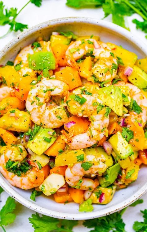 Avocado Mango Shrimp Salad - Averie Cooks Tropical Shrimp, Cilantro Shrimp, Warm Weather Recipes, Shrimp Salad Recipe, Pineapple Shrimp, Shrimp Salad Recipes, Averie Cooks, Grilled Peppers, Mango Pineapple