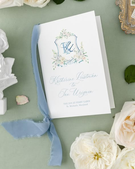 Our Katherine Programs features a hand-painted watercolor of a crest with hydrangeas and roses, your custom monogram in the shield, and your wedding date on the ribbon. The card features this watercolor crest printed on the front of the program, along with the couple's name and wedding venue location. Inside, the program will feature the ceremony information. This is part of the Katherine Collection. WHAT'S INCLUDED - Design: A fully designed wedding program personalized with your monogram wedding information. - Artwork: The watercolor crest with a custom monogram watercolored in one of the styles shown in the listing. - Program: (A7) 5" x 7" when folded. (Ribbon NOT included) - Printing: Full-color print. Please let us know if you want your monogram letterpressed or foil stamped, and we c Watercolor Wedding Crest, Wedding Crest Monogram, Crest Invitation, Watercolor Crest, Wedding Venue Locations, Watercolor Monogram, Wedding Crest, Timeline Design, English Wedding