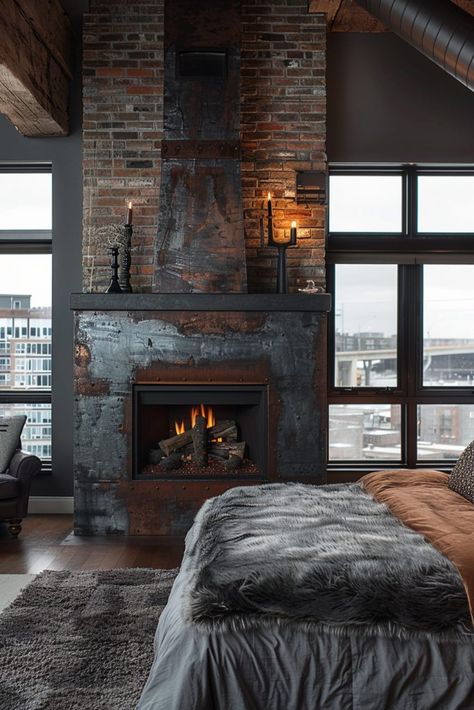 Industrial Fireplace Ideas, Big Brick Fireplace, Bedroom With Fireplace Ideas, Industrial Chic Bedroom, Bedroom Industrial Chic, Industrial Fireplace, Bedroom Fireplace Ideas, Bedroom With Fireplace, Brick Wall Bedroom