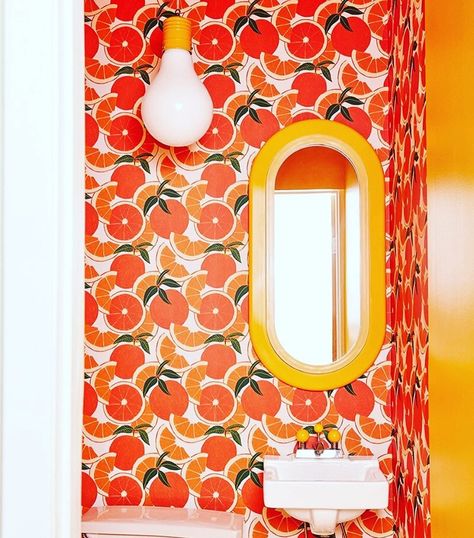 Society6 on Instagram: “Oranges: Good for your skin, your immune system and your powder room. 😜🍊 Photo by: @glowmaven Orange Harvest - White Wallpaper by…” Gray Benko, Wallpaper Toilet, Disco Floor, Toilet Plunger, All White Bathroom, Art Haus, Wallpaper Bathroom, Eclectic Bathroom, Wall Mount Sink