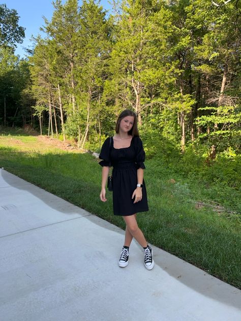 You can combine black dress and white&black converse Black Dress With Black Converse, Black Converse With Dress, Black Dress And Converse, Black Dress With Converse, Converse With A Dress, Long Tight Black Dress, Converse With Dress, Black Mid Dress, Dress With Converse