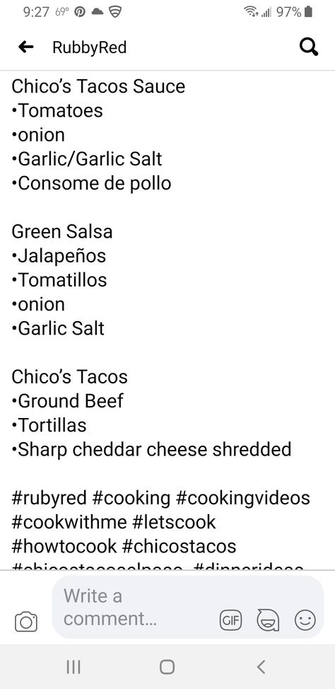 Chicos Tacos Recipe, Green Salsa, Taco Sauce, Tex Mex Recipes, Sharp Cheddar Cheese, Taco Recipes, Mexican Recipes, Garlic Salt, Cooking Videos