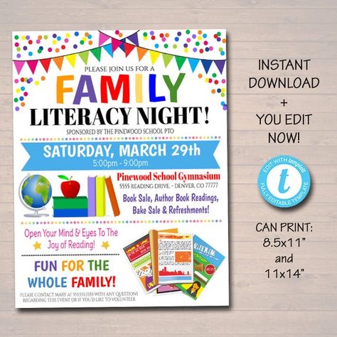 EDITABLE Family Literacy Night Flyer, Printable PTA PTO Flyer, School Church Fundraiser, Reading Book Sale Event Poster, Digital Printable Pto Communication, Pta Organization, Pto Flyers, Pto Board, Family Literacy Night, Charity Work Ideas, Pta Fundraising, Reading Night, Pta Ideas