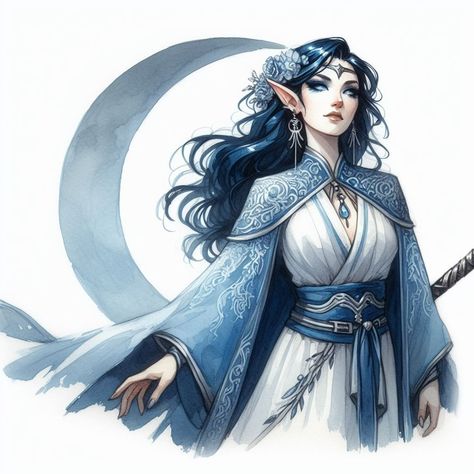 Moon Elf Paladin, Selune Dnd, Dnd Moon Elf, Moon Elf Female Dnd, Elf Priestess, Modern Elf, Moon Elves, Winter Elf, Moon Dragon