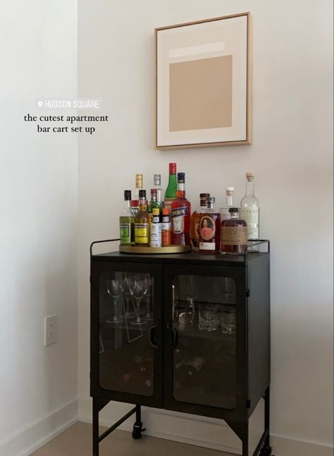 Alcohol Corner Home, Alcohol Area In Home, Bar Idea For Small Spaces, Indoor Mini Bar Ideas, Bar Cart With Cabinet, Home Bar Apartment, Bar Cabinet Aesthetic, Bar In The Living Room Ideas, Bar Cart Tequila