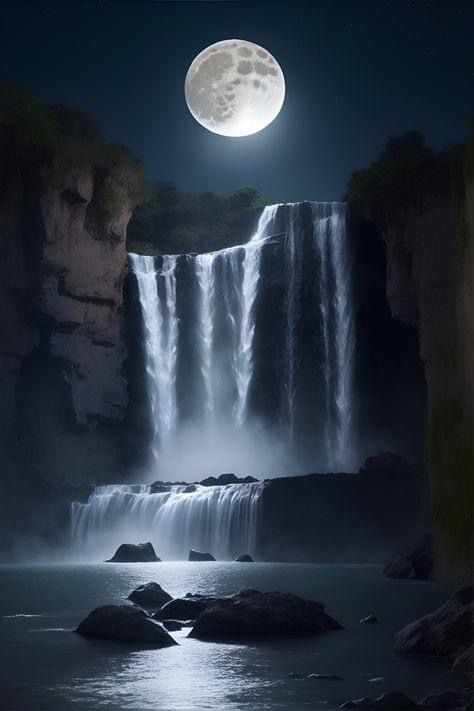 Moon Waterfall Painting, Night Waterfall Painting, Moon Magic Aesthetic, Moonlit Waterfall, Lady Selene, Waterfall Tattoos, Waterfall At Night, Moon Waterfall, Full Moon Aesthetic