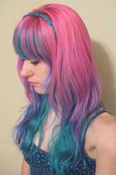 Pink Purple Blue Ombre Hair, Pink Hair Blue Underneath, Pink Hair With Blue Streaks, Pink Purple Blue Green Hair, Pink And Blue Curly Hair, Pink To Blue Hair, Pink And Blue Hair Ideas, Pink Blue Purple Hair, Blue Purple Pink Hair