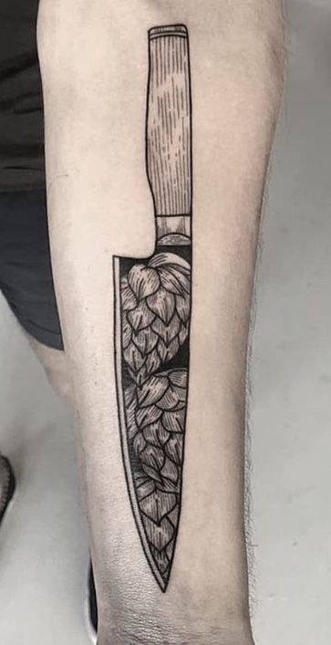 Santoku Knife Tattoo, Chef Knife Tattoo Design, Chef Knife Tattoo, Cooking Tattoo, Bone Fashion, Chef Tattoo, Full Tattoo, Knife Tattoo, Elbow Tattoos