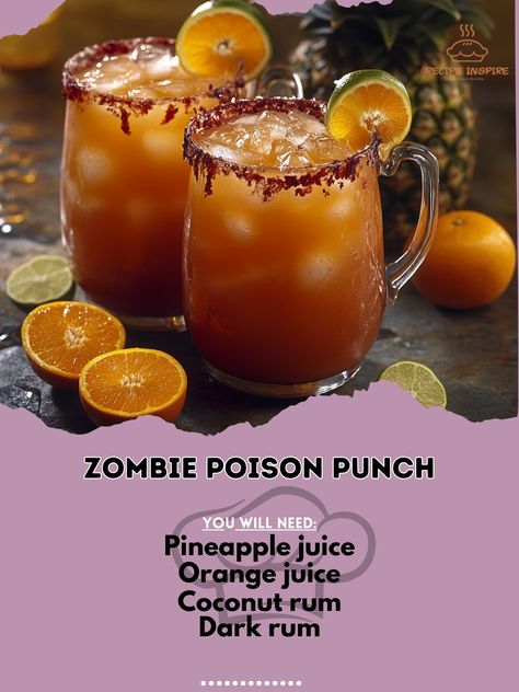 🧟‍♂️🍹 Dare to sip the Zombie Poison Punch – a spine-chilling concoction that’s sure to raise the spirits at your Halloween party! 🎃👻 #ZombiePoisonPunch #HalloweenDrinks Zombie Poison Punch Ingredients: Pineapple juice (2 cups) Orange juice (2 cups) Coconut rum (1 cup) Dark rum (0.5 cup) Grenadine (0.5 cup) Sliced oranges and limes (for garnish) Ice (as needed) Instructions: Mix pineapple juice, orange juice, coconut rum, and dark rum in a large pitcher. Stir in grenadine for a spooky effe... Fall Themed Alcoholic Punch, Halloween Rum Punch Recipes, Halloween Rum Punch, Halloween Punch Alcohol, Halloween Party Punch, Halloween Themed Desserts, Sliced Oranges, Hawaiian Drinks, Drink Night