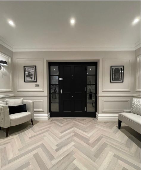 Grey Herringbone Floor, Grey Herringbone, Herringbone Floor, Bathroom Inspo, Updating House, Herringbone, Wood Floors, Dining Room, Dream House