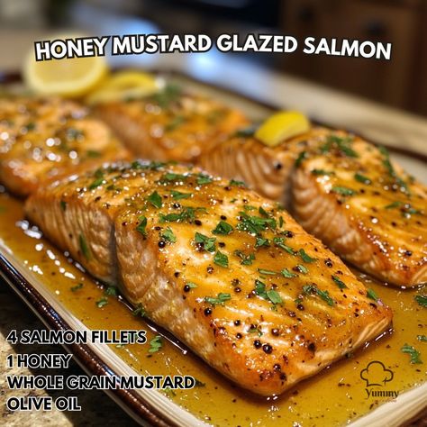 🍯🐟 Dive into flavor with this delectable Honey Mustard Glazed Salmon! Easy to make and oh-so delicious. #salmonlover #recipeoftheday Honey Mustard Glazed Salmon Ingredients: - 4 salmon fillets (6 oz each) - 1/4 cup honey - 2 tbsp whole grain mustard - 1 tbsp olive oil - 1 tbsp lemon juice - Salt and pepper to taste - Fresh parsley for garnish Instructions: 1. Preheat oven to 400°F. 2. In a small bowl, whisk together honey, mustard, olive oil, lemon juice, salt, and pepper. 3. Place salmon ... Honey Mustard Glazed Salmon, Mustard Glazed Salmon, Whole Grain Mustard, Honey Mustard Glaze, Cozy Fall Recipes, Mustard Salmon, Glazed Salmon, Festive Drinks, Salmon Fillets