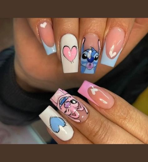 Unleash your personality with our Nail Art Extravaganza, featuring your favorite cartoons, movies, and snacks. From nostalgic animations to blockbuster hits and tasty treats, our collection offers creative and playful designs to adorn your nails. Perfect for movie nights or just to bring some fun into your daily look. #NailArtIdeas #CartoonNails #MovieNailDesigns #SnackNailArt Nails Acrylic Stitch, Stitch And Angel Nails, Stitch Nails Disney, Disney Gel Nails, Stitch Nails, Cartoon Nail Designs, Disney Acrylic Nails, Fake Nails Designs, Fancy Nails Designs