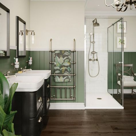 Green Bathroom With Silver Fixtures, Green Bathroom Chrome Fixtures, Green And Gold Bathroom Decor, Green And Gold Bathroom, Bohemian Glamour, Downstairs Wc, Green Tile Bathroom, Green Bathroom Decor, Glam Bathroom