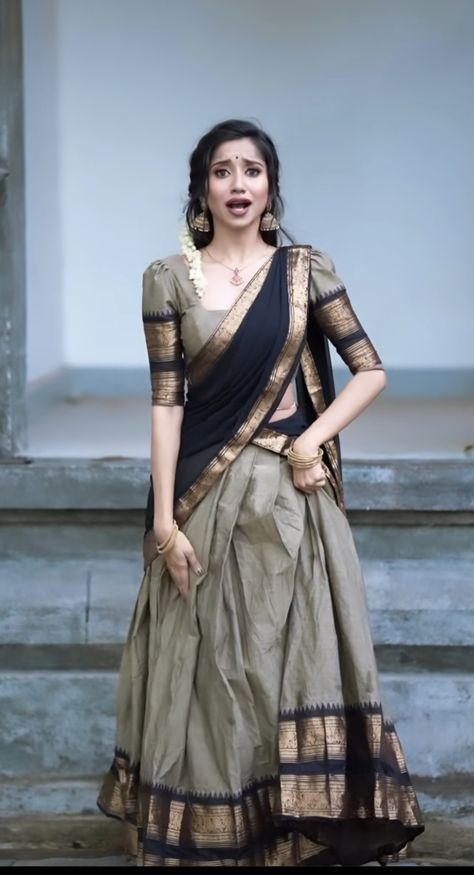 Indian Style Dresses Gowns, Black Dhavani Designs, South Indian Wear For Women, Half Saree Casual, Lehenga Davani Designs, Tamil Traditional Saree, South Indian Lehnga Dress, Simple Dhavani Set Kerala, Half Saree Traditional Kerala