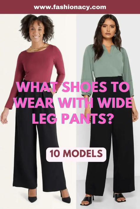 What Shoes to Wear With Wide Leg Pants? What Shoes To Wear With Palazzo Pants, How To Dress Wide Leg Pants, Wide Leg Trousers Shoes, High Waist Wide Leg Pants Outfits, Shoes To Wear With Dress Pants, High Waisted Pants Outfit Dressy, Shoes To Wear With Wide Leg Trousers, Wide Leg Work Outfit, Pants With Heels Outfit