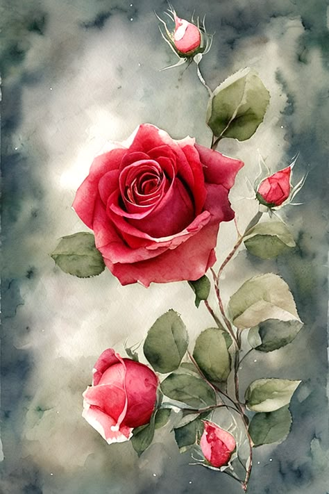 Red Rose Watercolor, Scrapbook Background Paper, Vine Drawing, Arte Aesthetic, Rose Sketch, Hyper Realistic Paintings, Rose Watercolor, Roses Art, Flower Painting Canvas