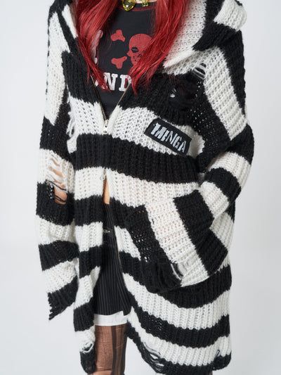 Gwen Striped Zip Up Knit Cardigan | Minga US Long Crochet Cardigan, Minga London, Punk Outfits, Striped Jacket, Cute Comfy Outfits, Striped Hoodie, 90s Grunge, Black Zip Ups, Striped Cardigan