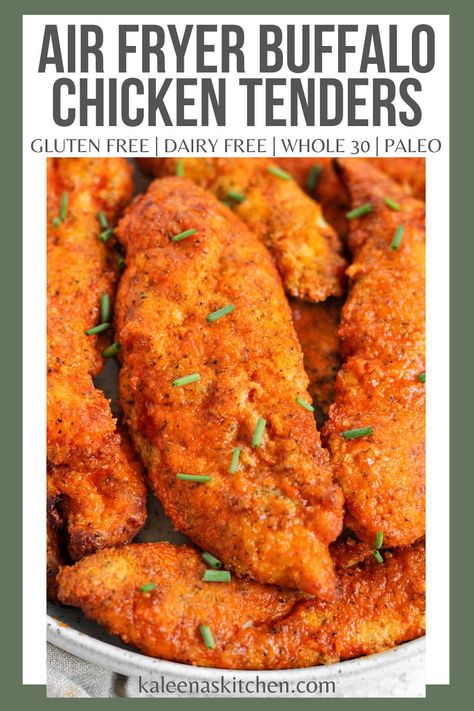 These crispy air fryer buffalo chicken tenders are coated in a tangy and spicy buffalo sauce. They are perfect for an appetizer or dinner that the whole family is going to love. Buffalo Chicken In Air Fryer, Buffalo Chicken Air Fryer Recipes, Chicken Tender Buffalo Recipes, Buffalo Chicken Tenders Air Fryer, Crispy Buffalo Chicken Tenders Air Fryer, Chicken Tenders Buffalo, Air Fryer Buffalo Chicken Tenders, Buffalo Chicken Fingers, Buffalo Chicken Wrap Recipe