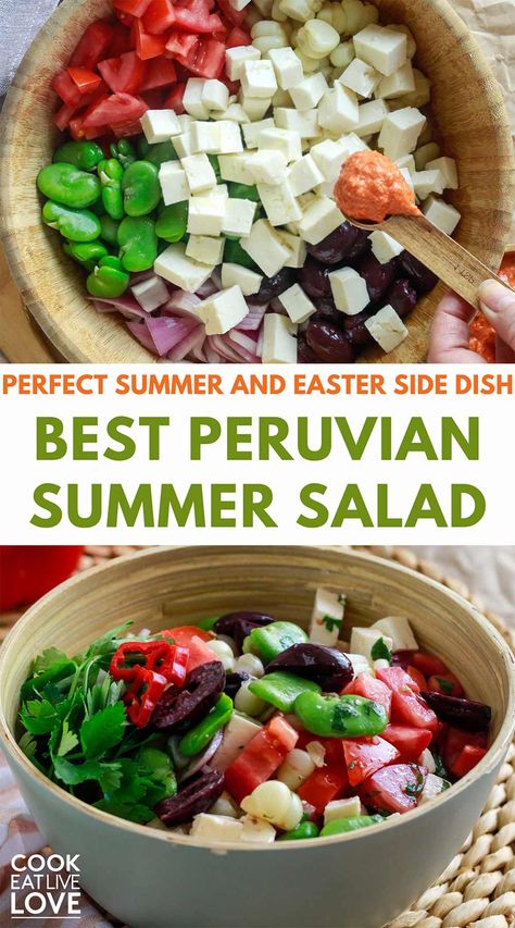 Dive into a refreshing blend of vibrant veggies and zesty dressing with our Peruvian Summer Salad! Perfect as an easy, healthy summer dinner or a colorful Easter side dish. Packed with fresh ingredients and a spicy lime-flavored dressing, it's the ideal summer cookout side dish. Ready in just a few steps, this is a healthy summer dinner recipe that promises to impress. Discover the joy of Peruvian cooking with this lively and wholesome salad! #eastersidedishes #summersides #summersalads Tropical Salad Recipes, Peruvian Salad, Summer Cookout Side Dishes, Easter Side Dish, Healthy Summer Dinner, Cookout Sides, Healthy Summer Dinner Recipes, Peruvian Dishes, Cookout Side Dishes