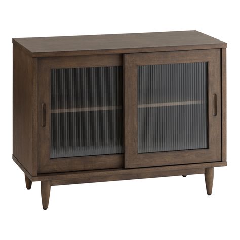 Kellen Low Fluted Glass and Vintage Walnut Display Cabinet - World Market Fluted Glass Shaker Cabinet, Scandinavian Display Cabinet, World Market Langley Media Cabinet, Walnut Storage, Living Dining Room Ideas, House Shopping, Dining Room Buffet, Fluted Glass, Tempered Glass Door