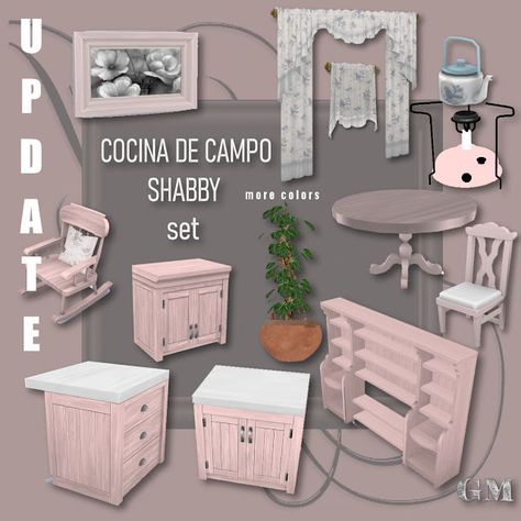 COCINA DE CAMPO SHABBY UPDATE - The Sims 4 Build / Buy - CurseForge Sims 4 Pink Kitchen, Shabby Chic Sims 4 Cc, Sims 4 Pink Furniture Cc, Pink Sims 4 Cc, Sims 4 Cc Kitchen Counters, Sims 4 Cc Furniture Kitchens, Sims 4 Shabby Chic, Sims 4 Kitchen, Pastel Kitchen