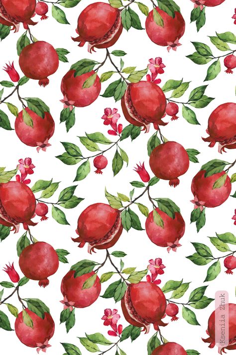 Hand-drawn watercolor pomegranates and leaves on a plain white background. #seamlesspattern #patterndesign #pomegranates #botanical #botanicalillustration #surfacedesign #decor #wallpaper Pomegranate Background Wallpapers, Pomagranet Wallpaper, Pomegranate Background, Yalda Night Ideas Decor, Pomegranate Pattern, Pomegranate Wallpaper, Yalda Design Idea, Pomegranate Print, Pomegranate Art