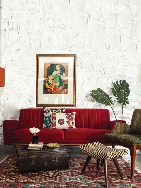 Red Sofa Living, Red Sofa Living Room, Red Couch Living Room, Red Living, Indian Living Rooms, Red Couch, Living Room Red, Red Sofa, Red Rooms