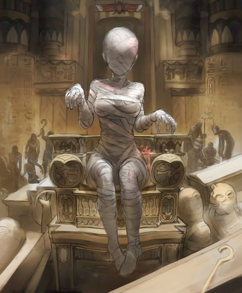 Card: Marian the Mummy Mummy Concept Art, Female Monster Art Horror, Sitting On A Throne Reference, Fire Sorceress, Female Mummy, Egyptian Mummy, Anime Egyptian, Egyptian Eye, Egyptian Mummies