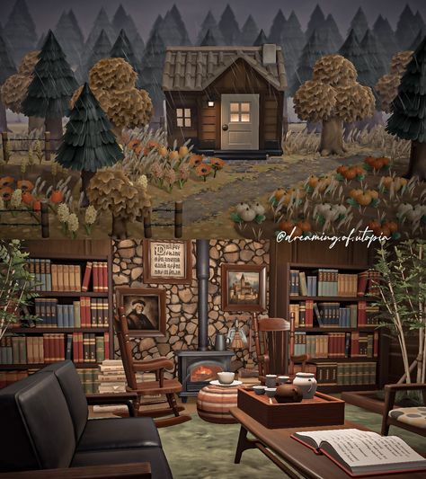 Animal Crossing Happy Home Paradise autumn interior exterior Acnh Fall House Ideas, Acnh Fall Home Interior, Bookshop Animal Crossing, Acnh Reading Corner, Acnh Halloween Interior, Acnh Fall Interior, A Home With Woodsy Smells Acnh, Animal Crossing Happy Home Paradise Exterior, Acnh Villager Home Ideas