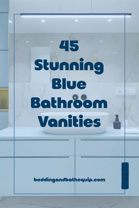 Explore 45 stunning blue bathroom vanities that will transform your space. Featuring a range of darker to light navy shades, this pin helps you find the perfect modern look! Blue And White Primary Bathroom, Blue Square Tiles Bathroom, Blue Bathtub Bathroom Ideas, Dark Blue And White Bathroom, Blue Cabinets Bathroom, Blue Vanity Bathroom Ideas, Blue Vanity Bathroom, Navy Blue Bathroom Vanity, Coastal Bathroom Vanity