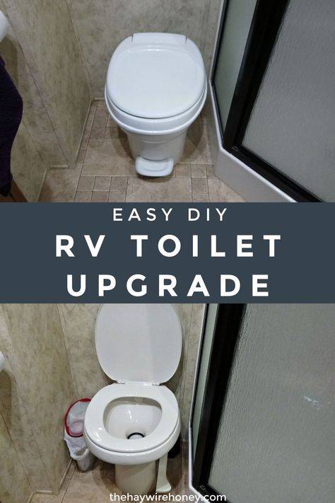 How to easily upgrade your RV toilet on your own! DIY reno in a fifthwheel. Bathroom mod in an RV. Budget repairs and swaps in RVlife. Rv Bathroom Wallpaper, Rv Shower Remodel, Rv Bathroom Ideas, Rv Bathroom Makeover, Rv Bathroom Remodel, Rv Updates, Toilet Remodel, Bathroom Trailer, Tiny Camper Trailer