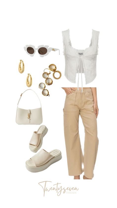 Tan cargos, cargos, white top, summer outfit, summer aesthetic, platform sandals, ysl, white bag, white outfit, gold accessories, white sunglasses, flower sunglasses, cute outfit Beige Platform Sandals Outfit, Ysl White Bag, Leather Sandals Outfit, Cargos Outfit, Flat Sandals Outfit, Brown Cargos, Platform Sandals Outfit, Sunglasses Cute, Cargo Outfit