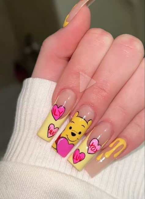 Winnie The Pooh Nails Valentines, Winnie The Pooh Valentine Nails, Valentines Day Nails Characters, Valentines Day Nails Cartoon, Disney Custom Ideas, Nail Cartoon Design, Valentines Day Character Nails, Easy Cartoon Nail Art, Cartoon Themed Nails