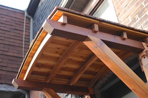 Cedar Awning, Wooden Awning, Balcony Awning, Craftsman Entry, Wood Deck Designs, Awning Ideas, Craftsman Colors, Ranch Renovation, Door Overhang