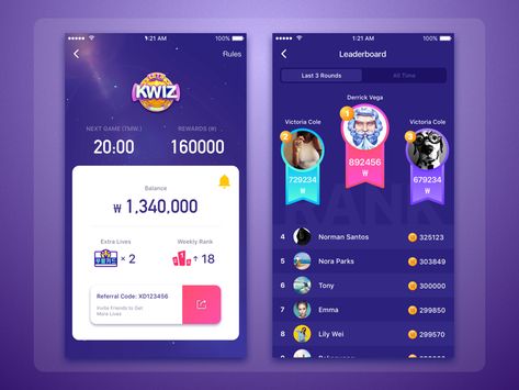 Kwiz Leaderboard Ui Design, Ranking Ui, Gaming Websites, Table Ui, Ranking List, Android App Design, Quiz Design, Game Gui, App Interface Design