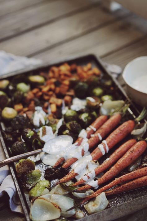 ROASTED FALL VEGETABLES WITH GOAT CHEESE CREAM SAUCE – CAFÉ CHRISTINA Vegetables With Goat Cheese, Cheese Cream Sauce, Goat Cheese Sauce, Roasted Fall Vegetables, Easy Side Dishes, Creamy Goat Cheese, Whipped Goat Cheese, Vegetable Prep, Fall Vegetables