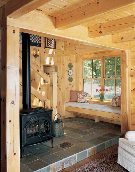 Treasure of the Sierra Nevada: Log Cabin in the California Mountains p81 - LogHome.com Recycle Building, Jamaica Cottage, Shed Design Plans, Small Wood Burning Stove, Log Home Living, Log Cabin Interior, Three Season Room, Shed To Tiny House, Log Home Decorating