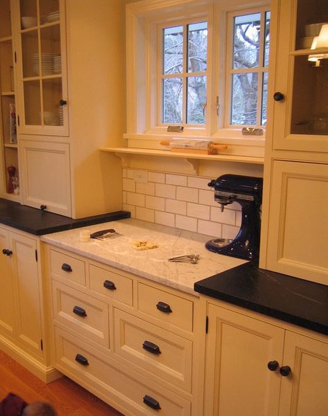 The countertop is slightly lower and the storage drawers don’t quite reach the floor to help keep the baker on top their dough. Baking Station, Ideas Pictures, Kitchen Remodel Idea, White Cabinets, Kitchen Stuff, Dream Kitchen, My Dream Home, A Kitchen, Kitchen Inspirations