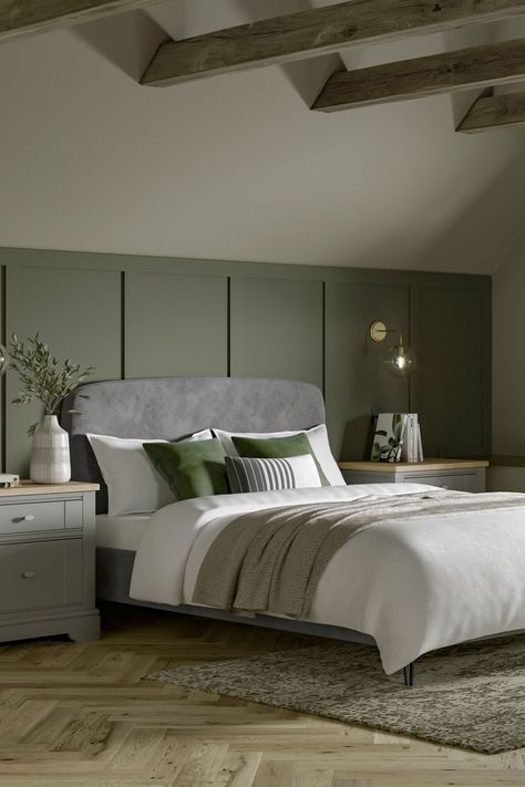 Super King Bed Ideas, Superking Bed Ideas, Grey Headboard Bedroom, Green And White Bedroom, Country Bed, Loft Extension, Grey Bed Frame, Curved Headboard, Bedroom Panel