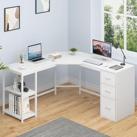 2 Person Desk Home Office L Shape, L Shaped Table Design, L Shaped Vanity Desk, L Shape Study Table Design Bedroom, L Table Desk, Ikea White Corner Desk, L Shape Study Table Design, Corner Study Table Ideas, L Shaped Study Table