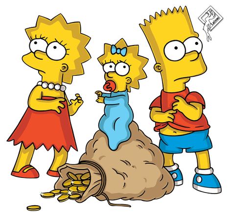 Bart, Lisa and Maggie with a bag of gold Simpson Tv, Die Simpsons, Teddy Ruxpin, The Simpsons Movie, Simpsons Characters, Air One, Rob Lowe, Timothy Olyphant, Matt Groening