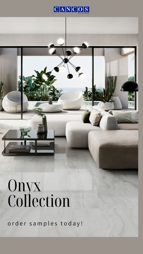 Give your home a luxury, modern feel with this stunning floor tile from our Onyx Collection. View the full collection on our website and order your samples today. Polished Porcelain Tiles, Floor Edging, White Polish, Marble Look Tile, Marble Floor, Natural Stone Tile, White Tiles, Wall And Floor Tiles, Tile Samples