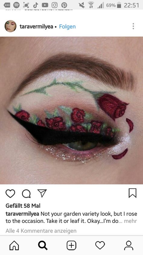 Roses Makeup Look, Floral Eyeshadow Looks, Red Rose Makeup, Floral Eyeshadow, Rose Makeup Flower, Rose Eyeliner Art, Rose Petal Makeup, Rose Eye Makeup, Rose Makeup Look Flower