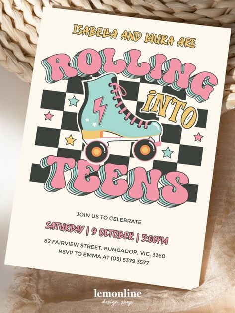 Get ready to roll with our awesome Roller Skate Invitation! This invitation is perfect for an epic Teens and tweens birthday party at the rink or at the park. Lace up your skates, gather your crew, and get ready to have a blast on wheels. Don't miss out on the fun—grab your invitation and let's roll into an unforgettable celebration! #rollerskate #skateinvite #rollerskateinvite Adult Roller Skating Party, Skate Party Ideas, Skate Party Invitations, Roller Skating Birthday Party Ideas, Roller Rink Birthday, Roller Skate Invitations, Roller Skating Party Invitations, Roll Bounce, Skate Invitations