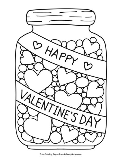 Free printable Valentine's Day Coloring Pages eBook for use in your classroom or home from PrimaryGames. Print and color this Hearts in a Jar coloring page. Printable Valentines Coloring Pages, Free Printable Valentines Cards, Candy Coloring Pages, Valentines Day Coloring Page, Valentine Coloring Pages, Heart Coloring Pages, Printable Valentines Cards, Valentines Day Coloring, Preschool Valentines