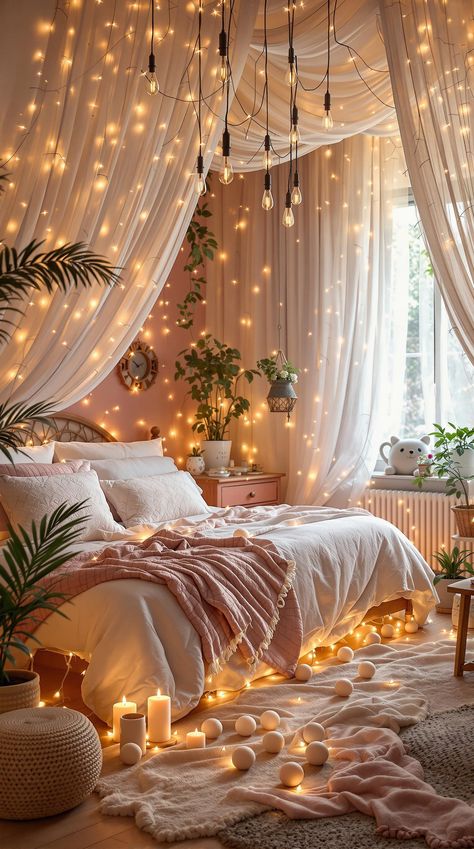 Boho Bedroom Apartment Dream Rooms Boho, Boho Plant Bedroom Ideas, Girly Boho Decor, String Light Bedroom Ideas, Curtain Fairy Lights Bedroom, Curtains With Fairy Lights, Boho Bedroom Canopy, Small Cozy Bedroom Ideas Fairy Lights Room Decor, Boho Bedroom Apartment