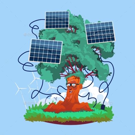 Cartoon Smiling Tree With Solar Panels Renewable Energy Source Flat Vector Illustration Energy Conservation Poster Drawing, Energy Saving Is Environment Drawing, Conserve Energy Protect Environment Drawing, Save Electricity Illustration, Renewable Energy Poster, Solar Power Illustration, Renewable And Non Renewable Energy Poster, Solar Energy For Kids, Solar Energy Powering Sustainable Future Drawing