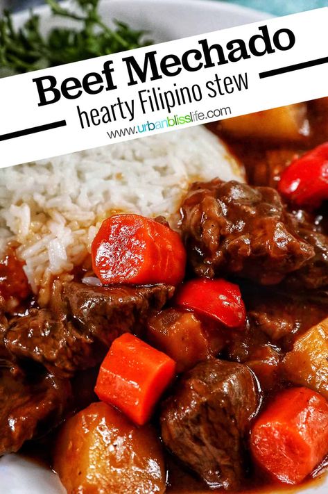 This Beef Mechado Recipe is a hearty Filipino beef stew full of carrots and potatoes, and a tangy tomato-soy broth. A delicious comfort food and easy dinner recipe! Beef Stew Filipino Style, Beef Menudo Recipe, Stew Meat Recipes Stove Top, Beef Mechado Recipe, Food With Beef, Mechado Recipe, Filipino Beef Stew, Beef Mechado, Menudo Recipe